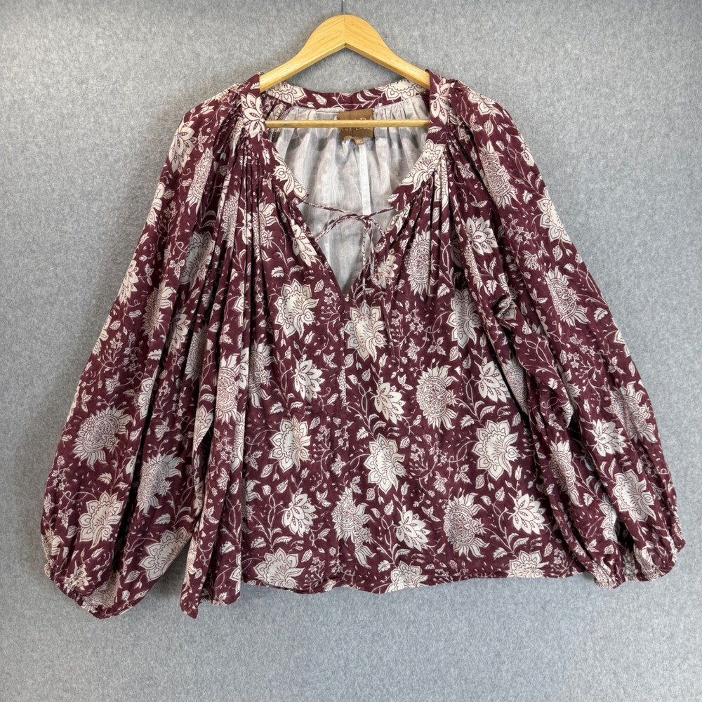 Clara The Label Floral Print Top Burgundy Red White Long Sleeve‎ Blouse Size 3XL